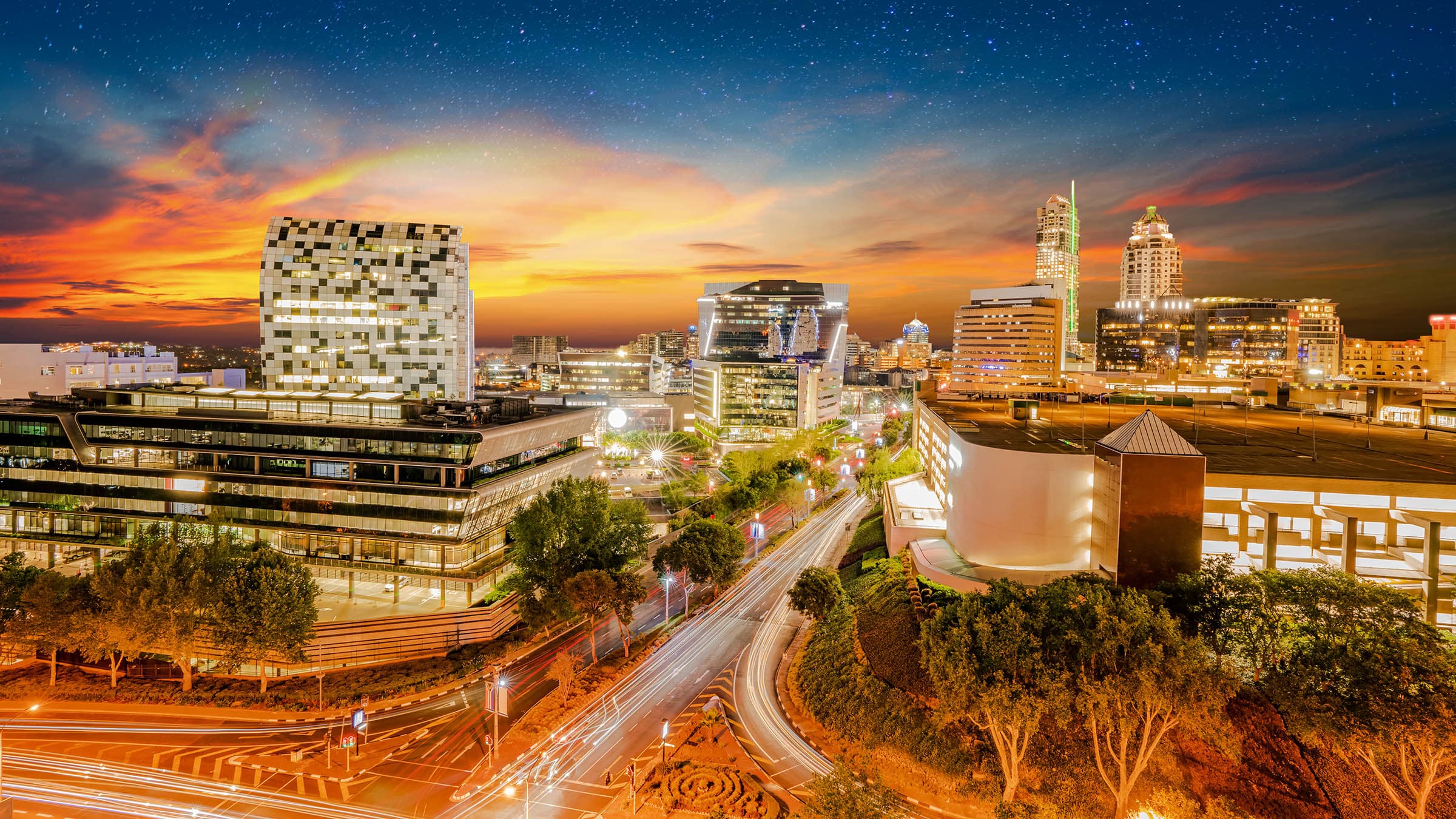 Sandton, Johannesburg at dusk — Seypro's South Africa presence